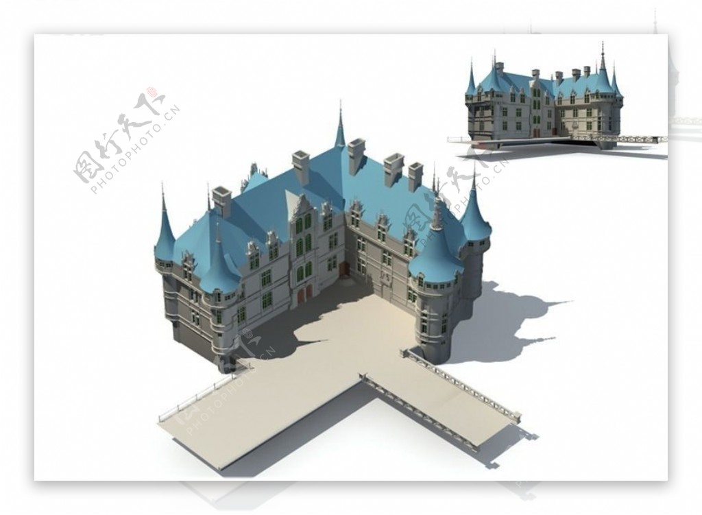 蓝顶宝塔式欧式建筑3D模型图