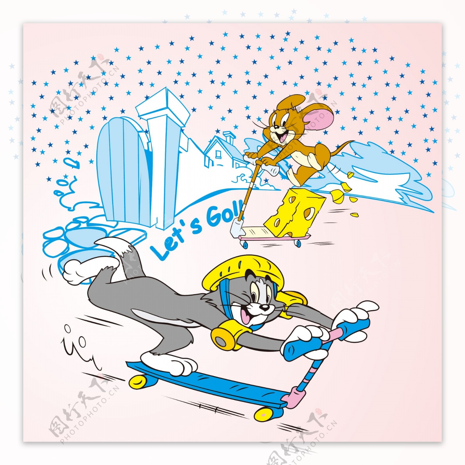 印花矢量图可爱卡通卡通形象猫和老鼠滑板车免费素材