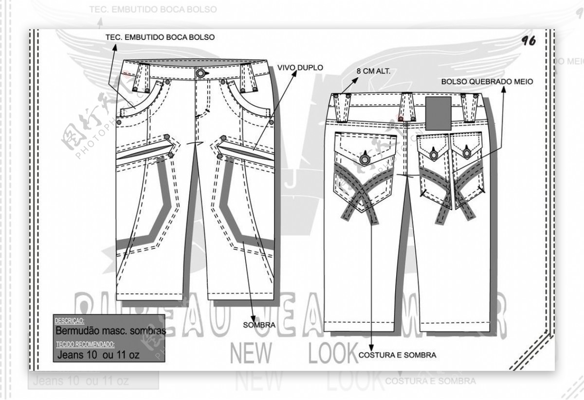 牛仔短裤设计手稿前双插袋图片