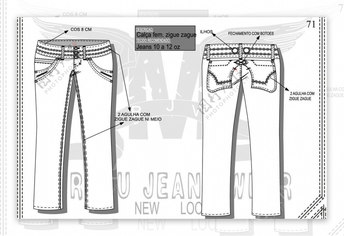牛仔裤设计手稿宽腰头双冚车线图片