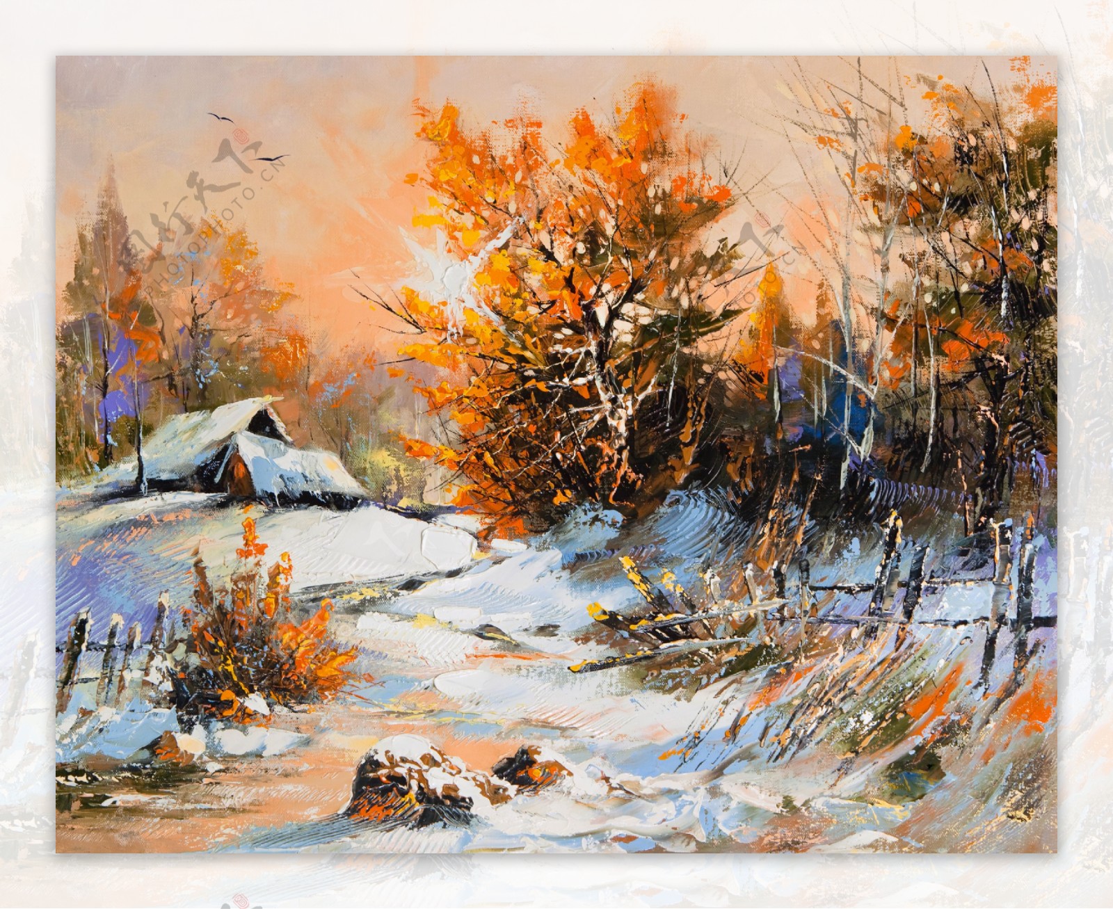 冬季郊区风景油画