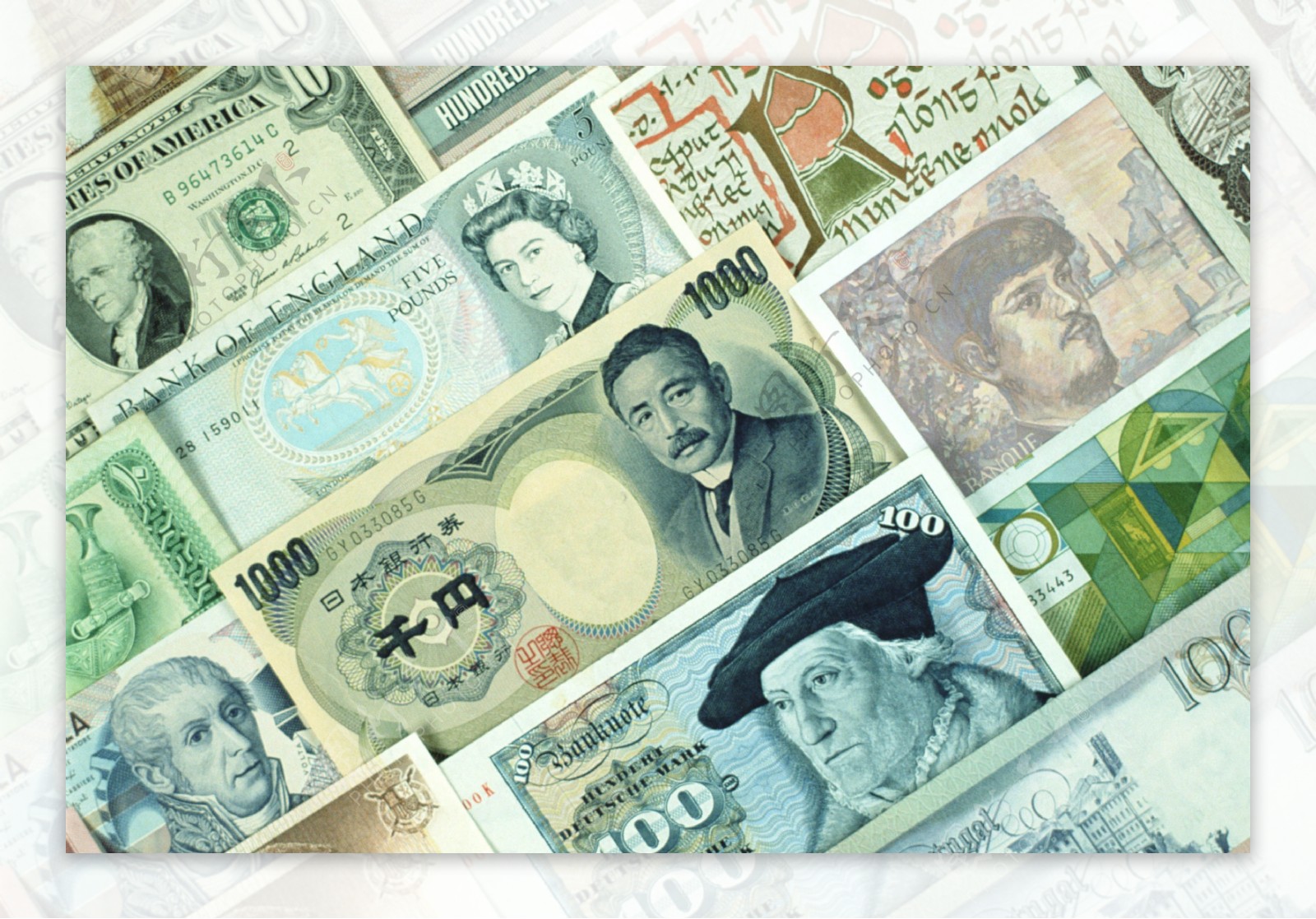 各国纸币流通货币设计图日元美元英镑