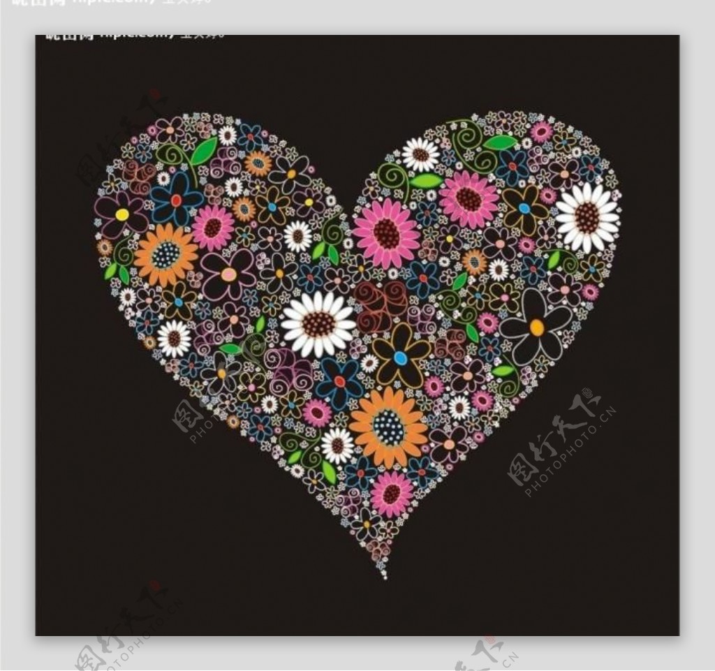 色彩斑斓的花卉组成的心形矢量素材图片