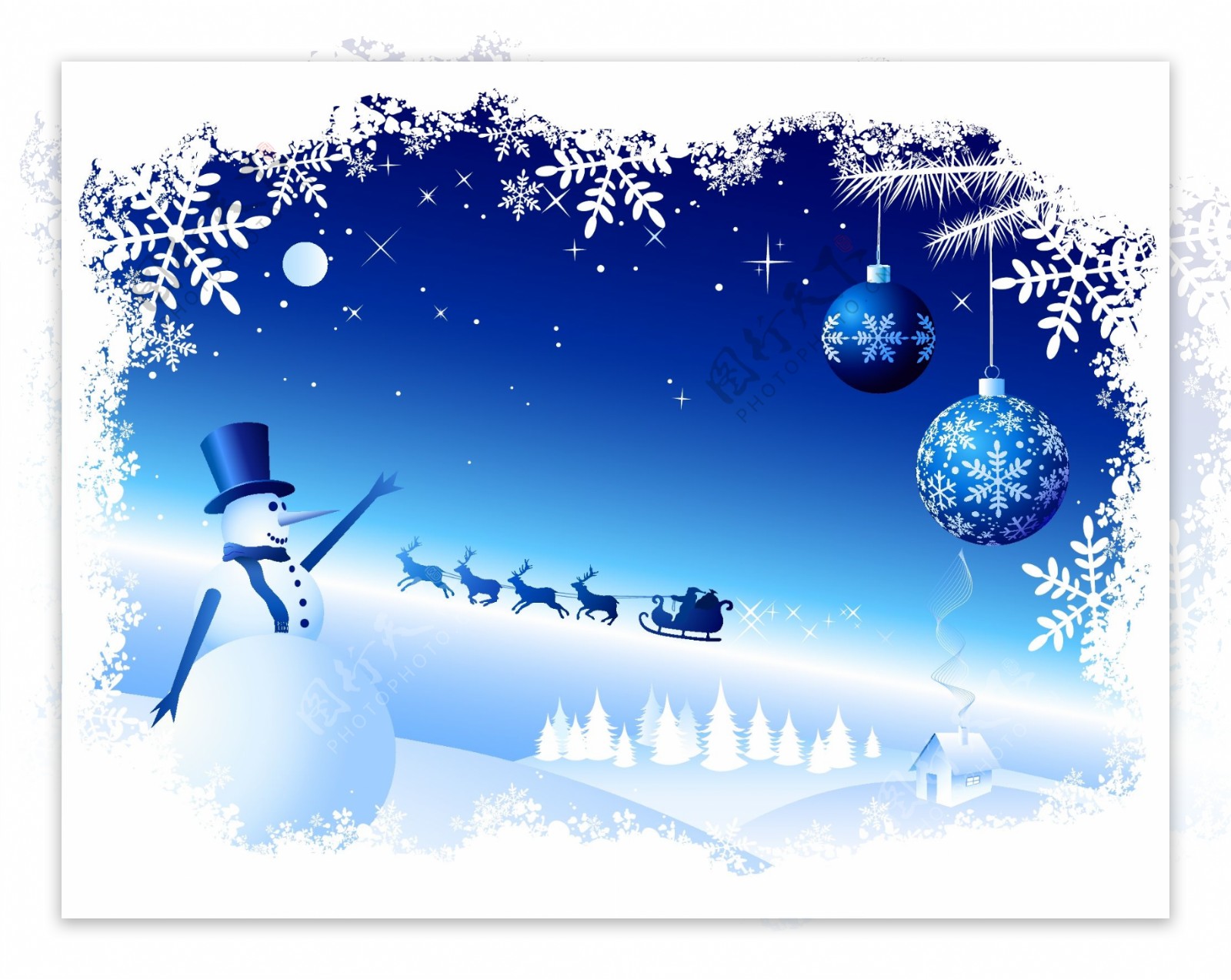 矢量圣诞节雪花雪景麋鹿圣诞老人冬天闪光房子雪人矢量素材