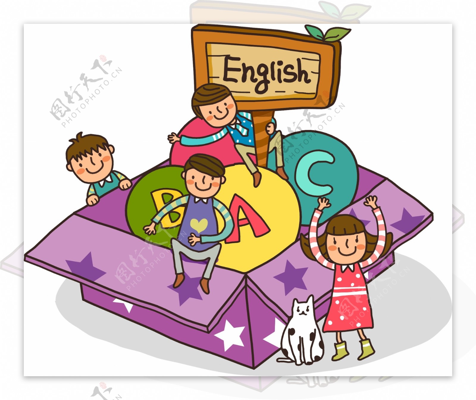 坐在盒子上学习英语的儿童