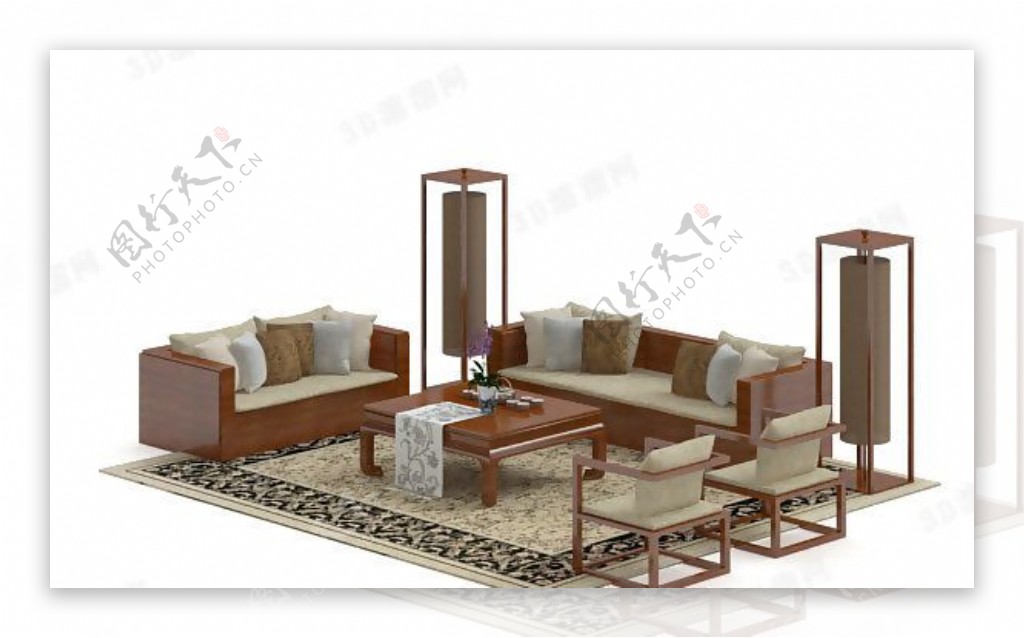 3D新中式沙发茶几组合模型