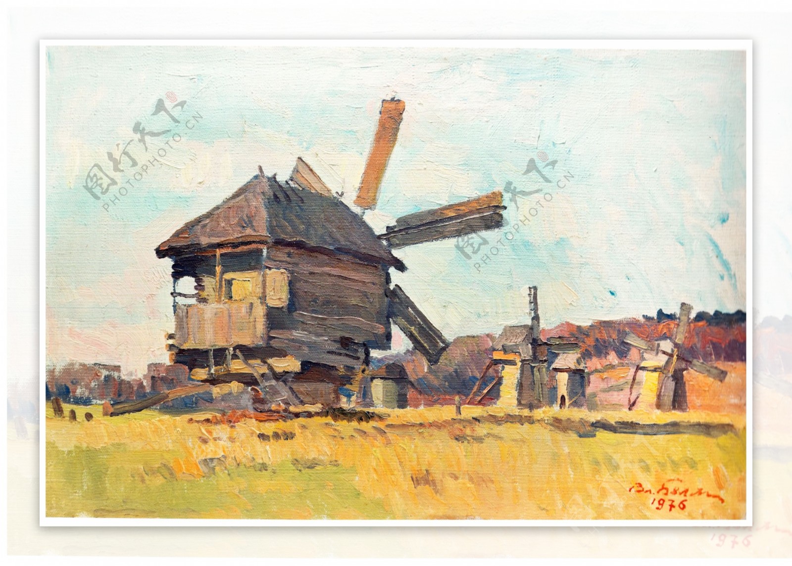 乡村风车油画图片