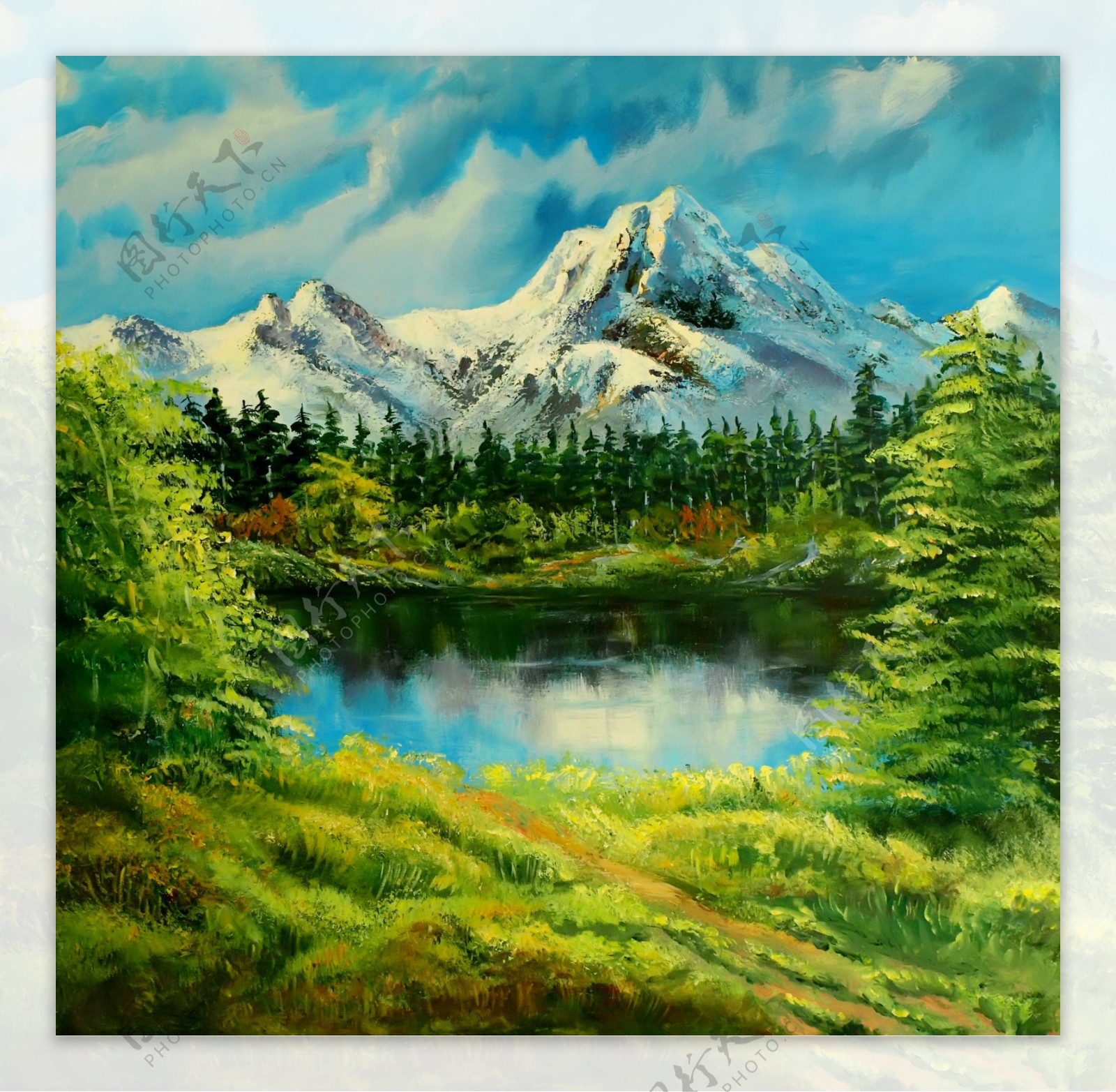 油画雪山湖图片
