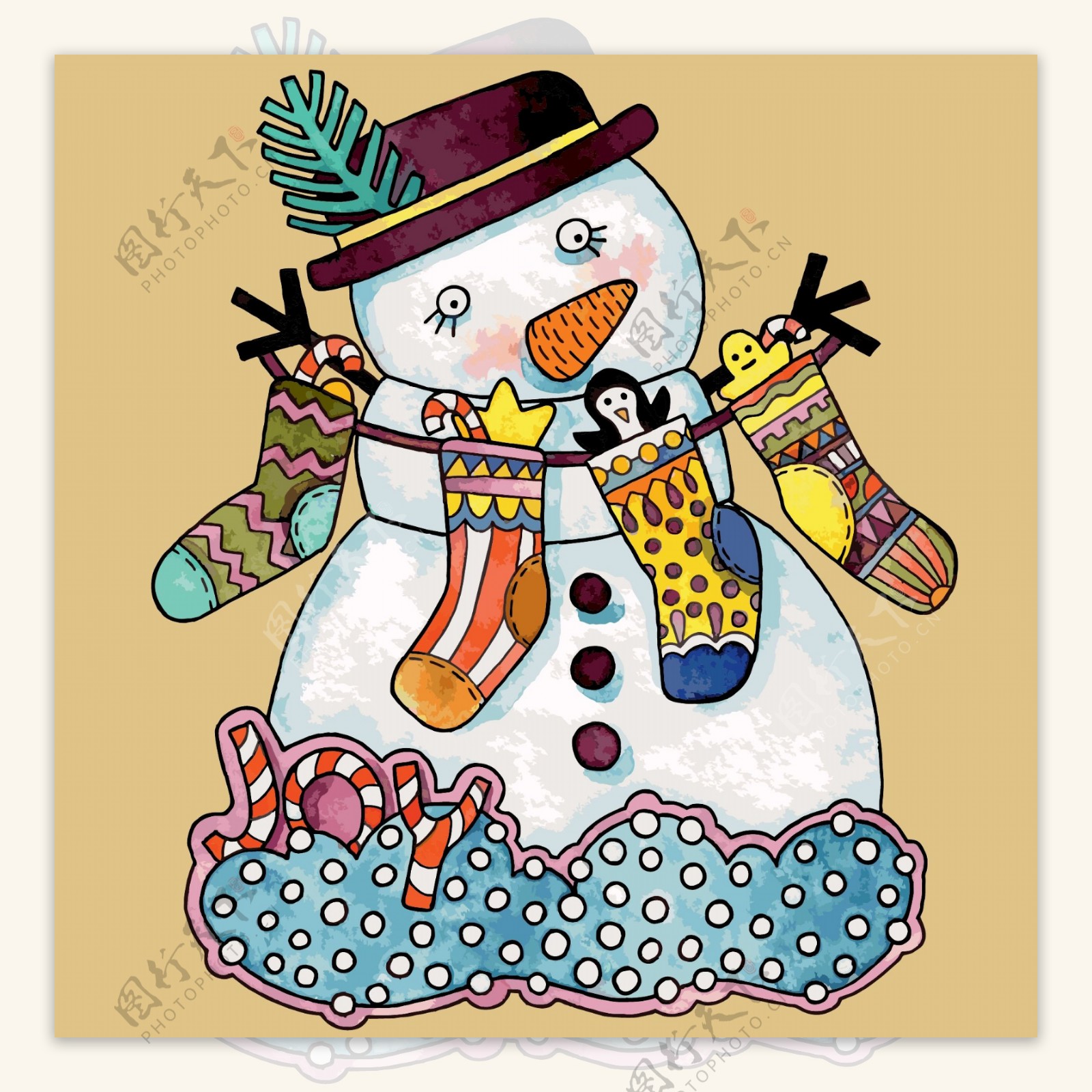 印花矢量图节日喜庆圣诞节雪人袜子免费素材