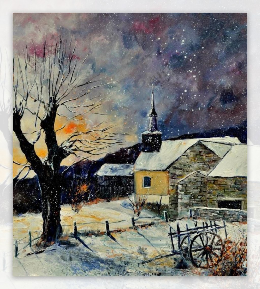 油画冬天的村庄图片