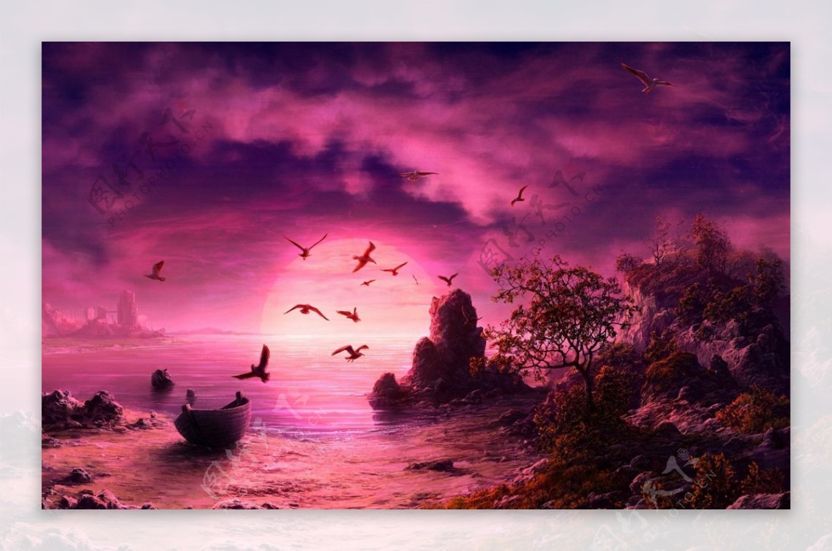 紫色高清图片动物图浪漫艺术夕阳图