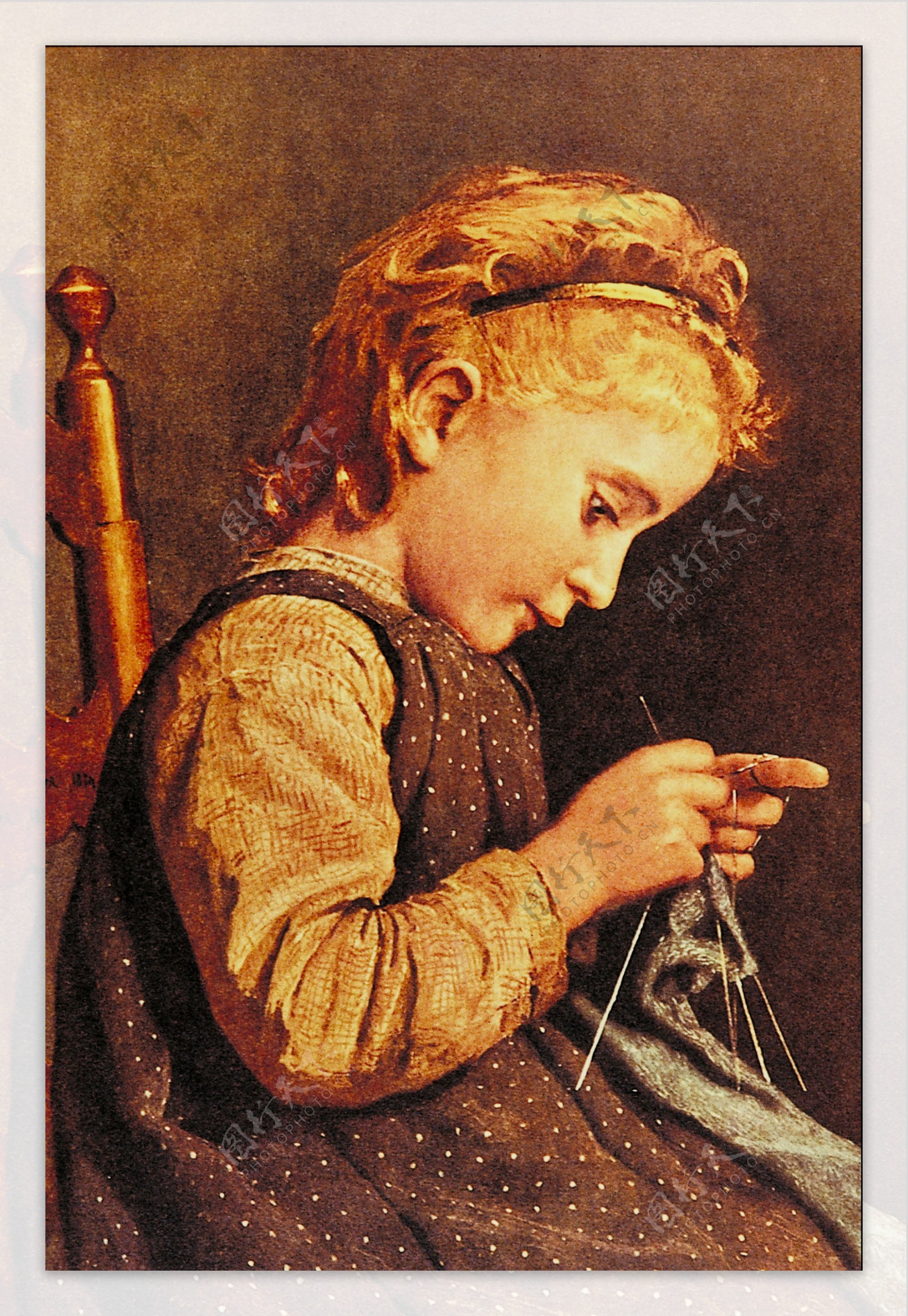 油画绣花的小女孩图片