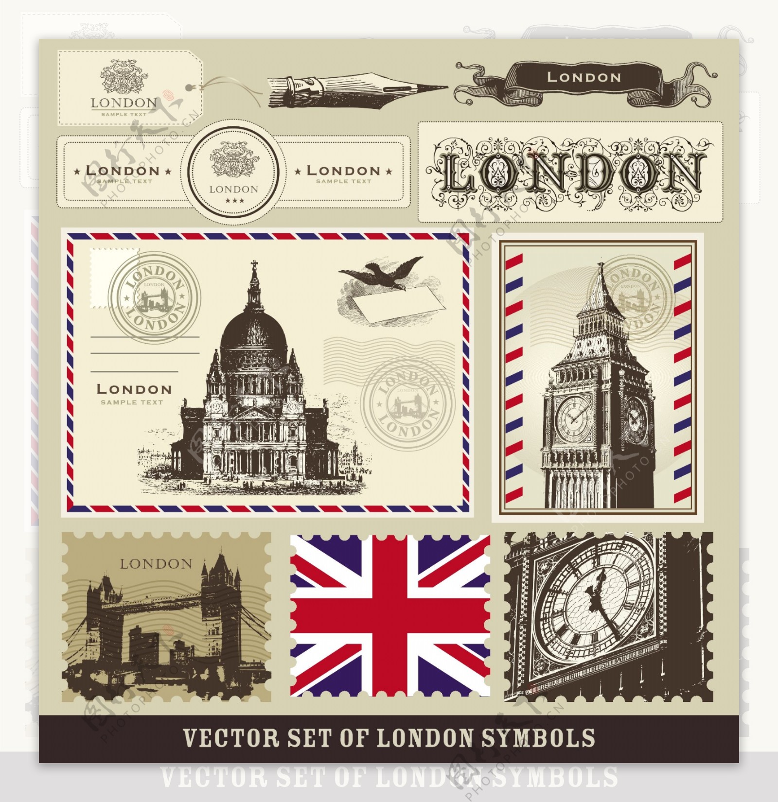 在伦敦和巴黎的象征邮票02矢量素材