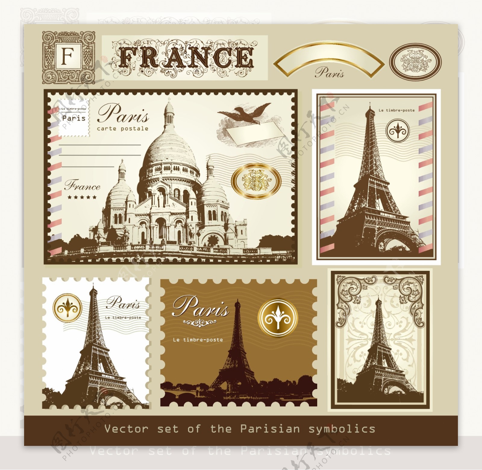 在伦敦和巴黎的象征邮票01矢量素材