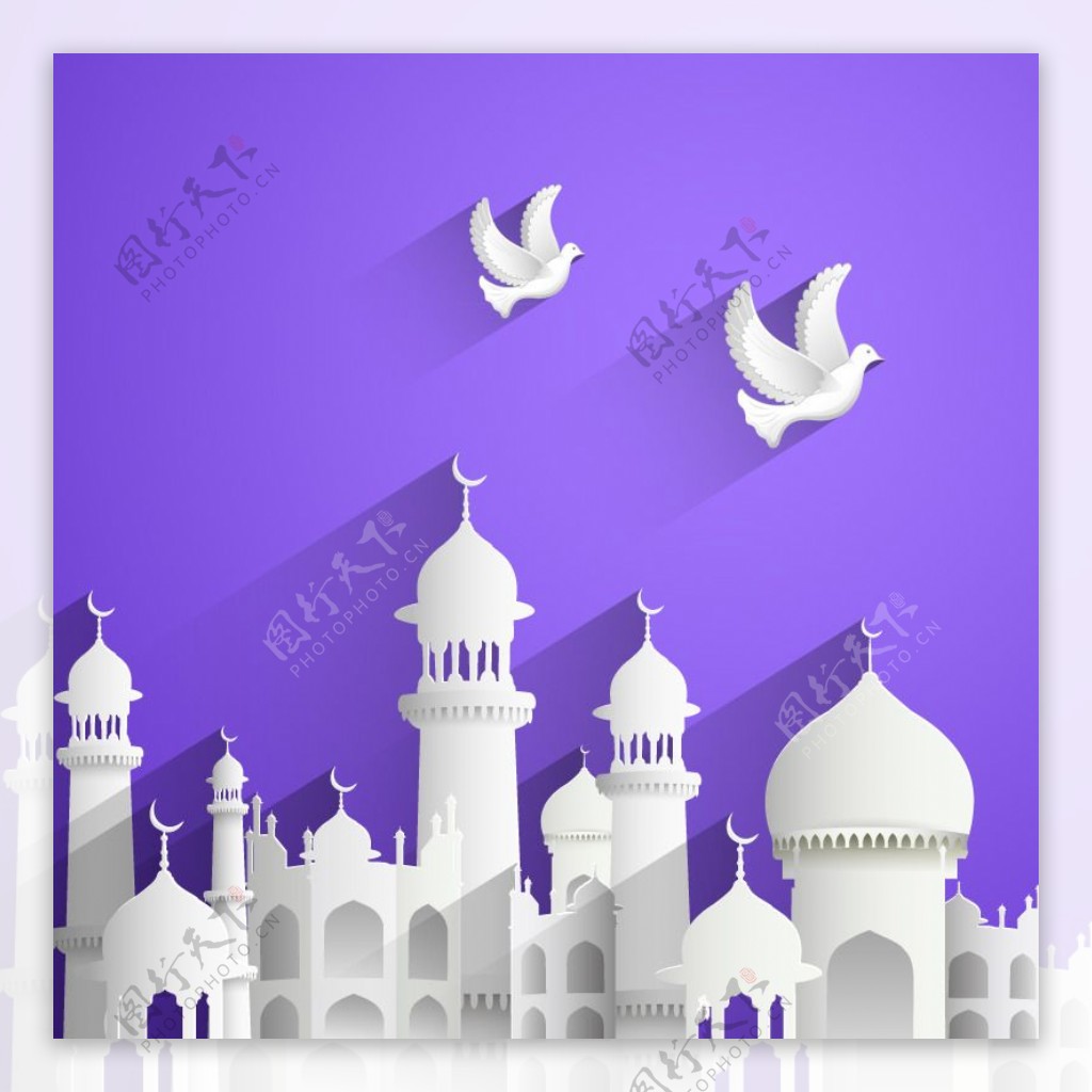 伊斯兰建筑与白鸽矢量素材