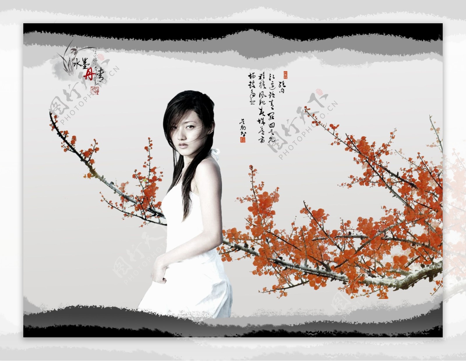 水墨丹青广告设计PSD分层素材红梅素颜