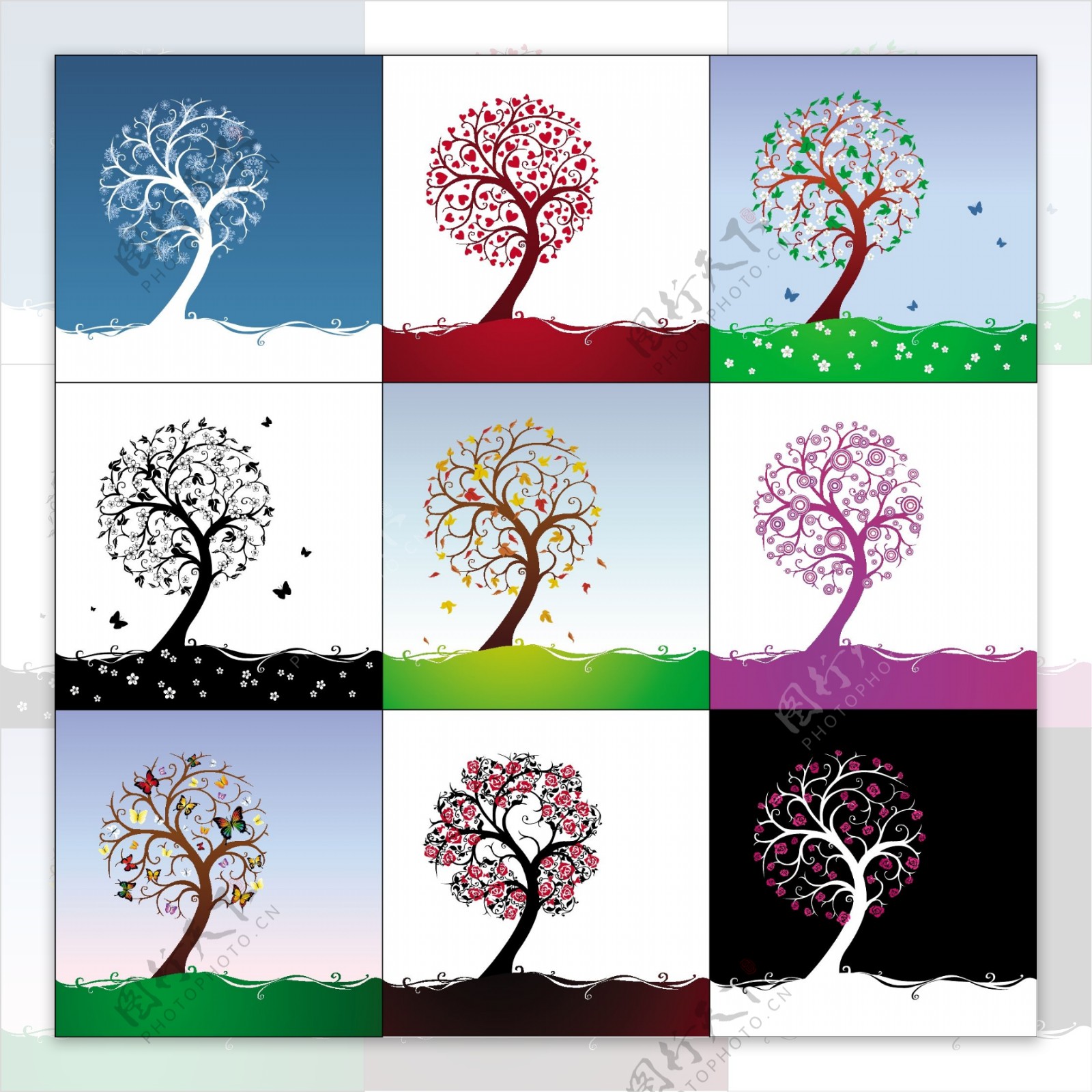 九种彩色树木矢量素材