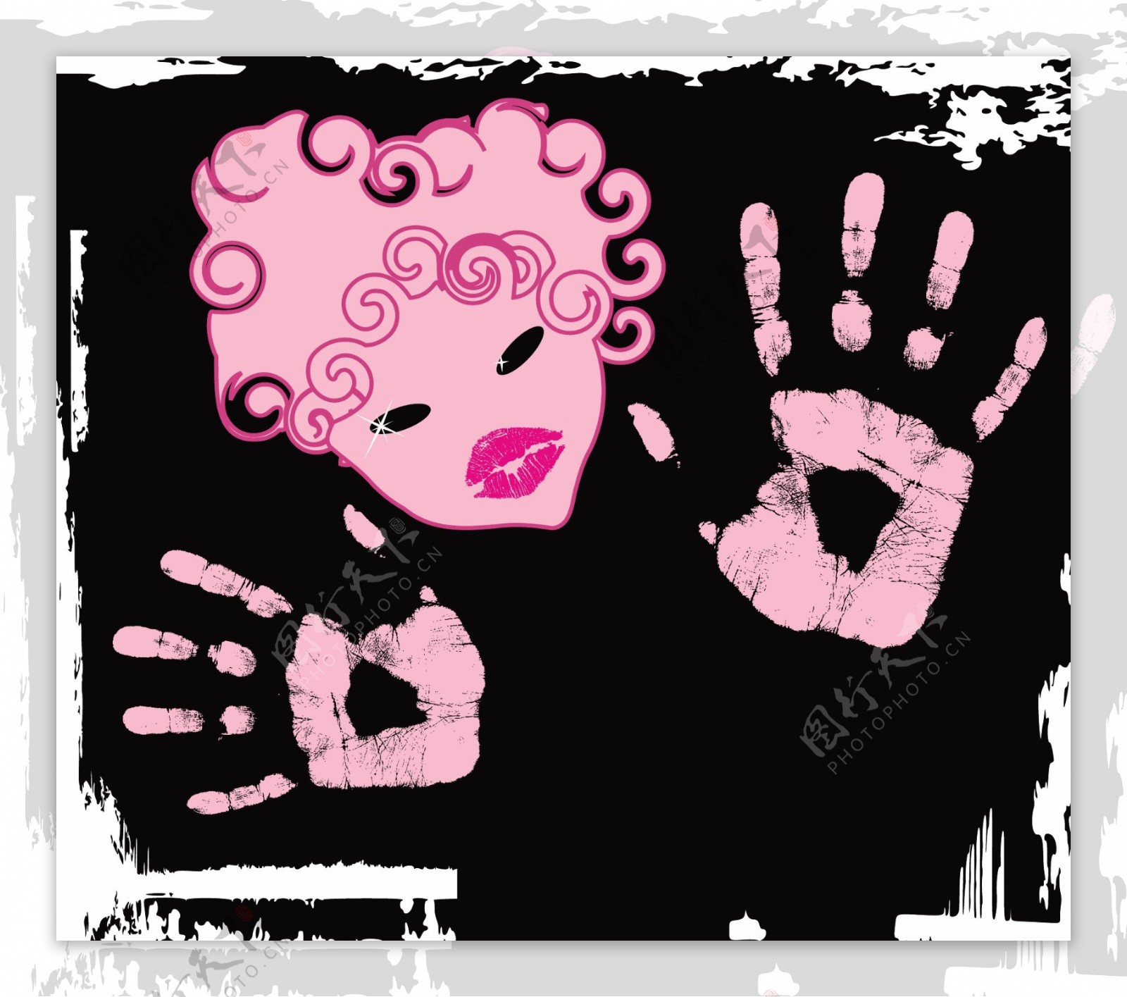 粉红色抽象女性头像与手掌印矢量素材