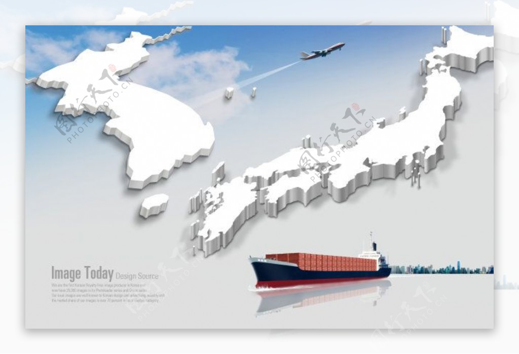 立体日本地图和货轮