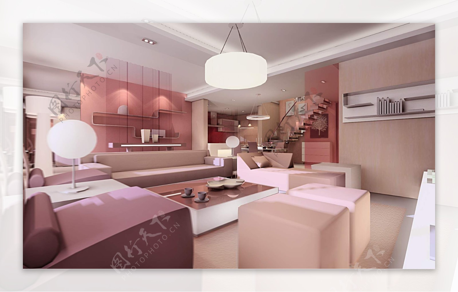 现代风格粉色系客厅餐厅_张美丽效果图-站酷ZCOOL