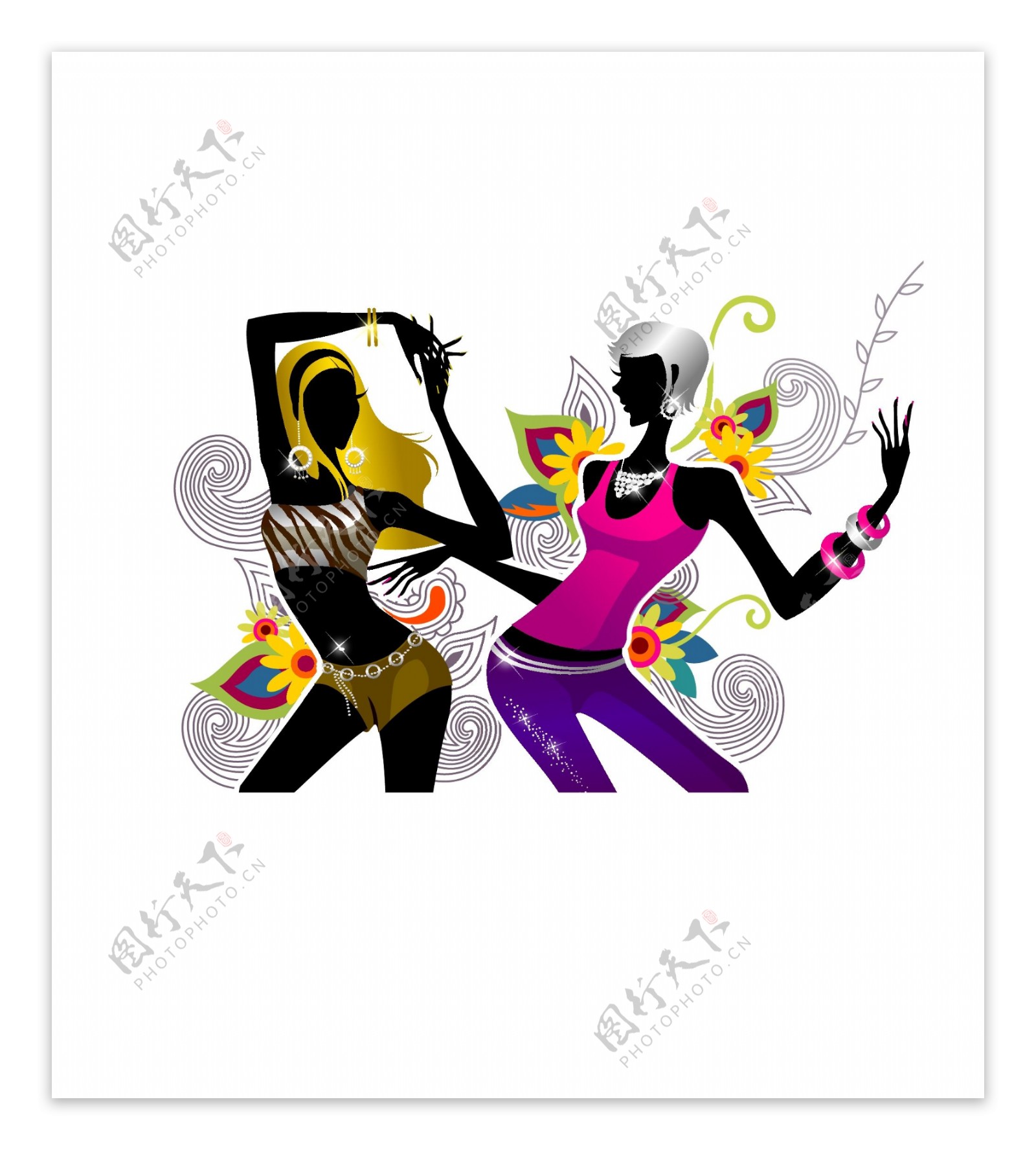 两个女孩在跳舞花卉背景矢量插画