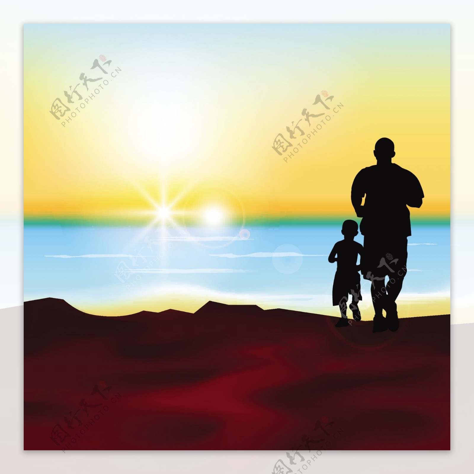 一个父亲和他的儿子在海边的剪影