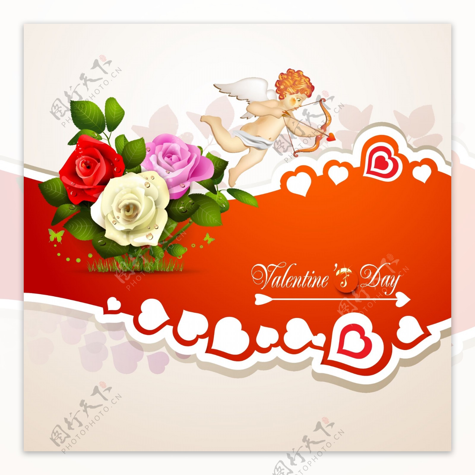 玫瑰花与丘比特卡片设计矢量素材