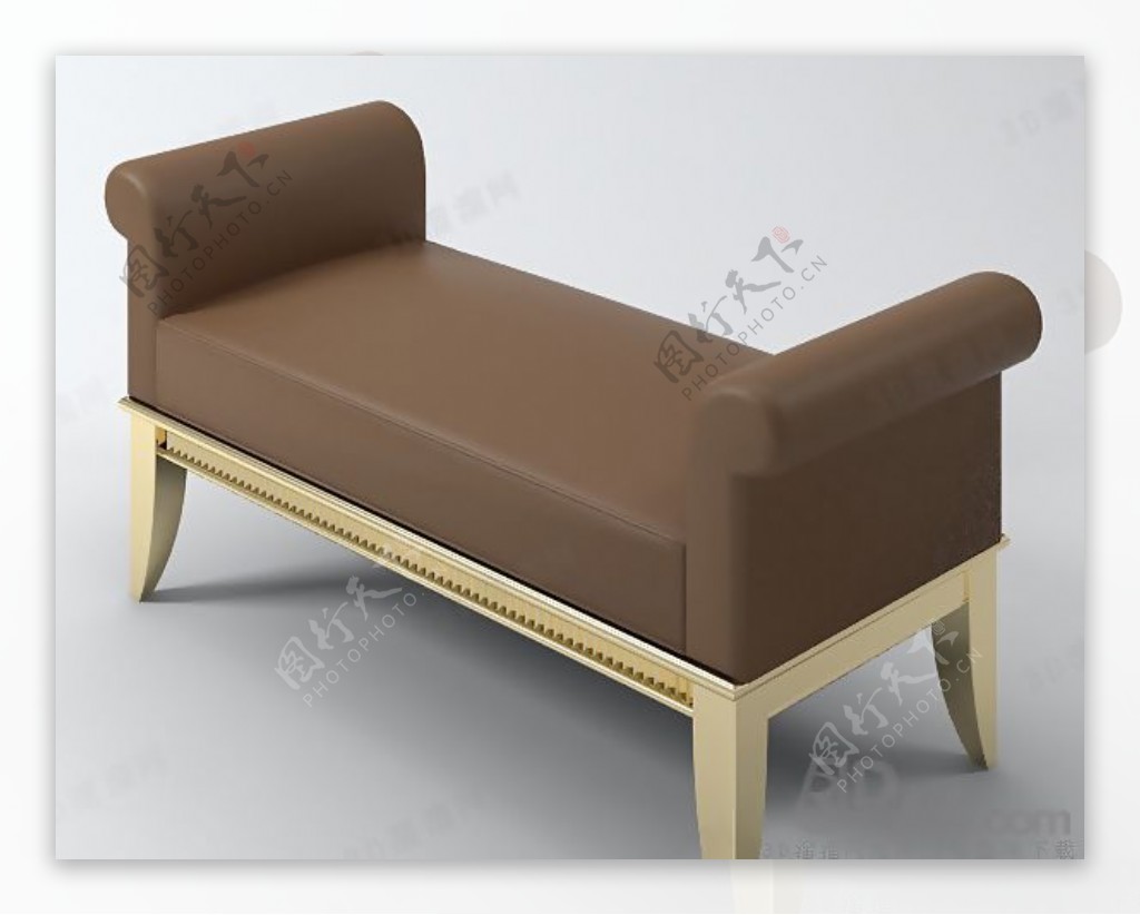 3D棕黄色皮质床尾凳模型