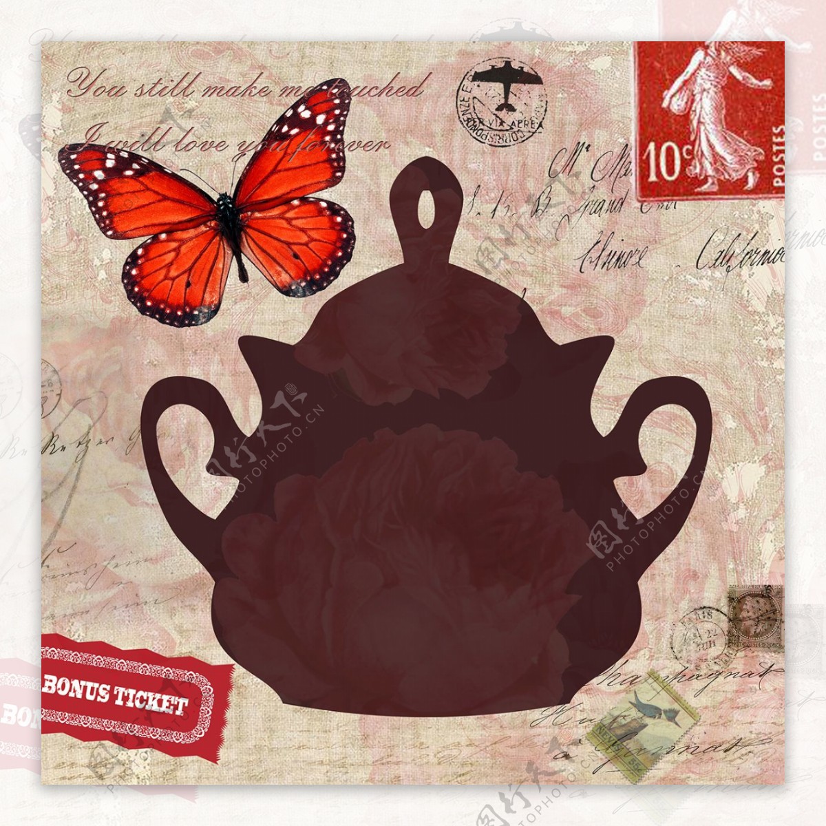 棕色茶壶蝴蝶复古国外画芯素材