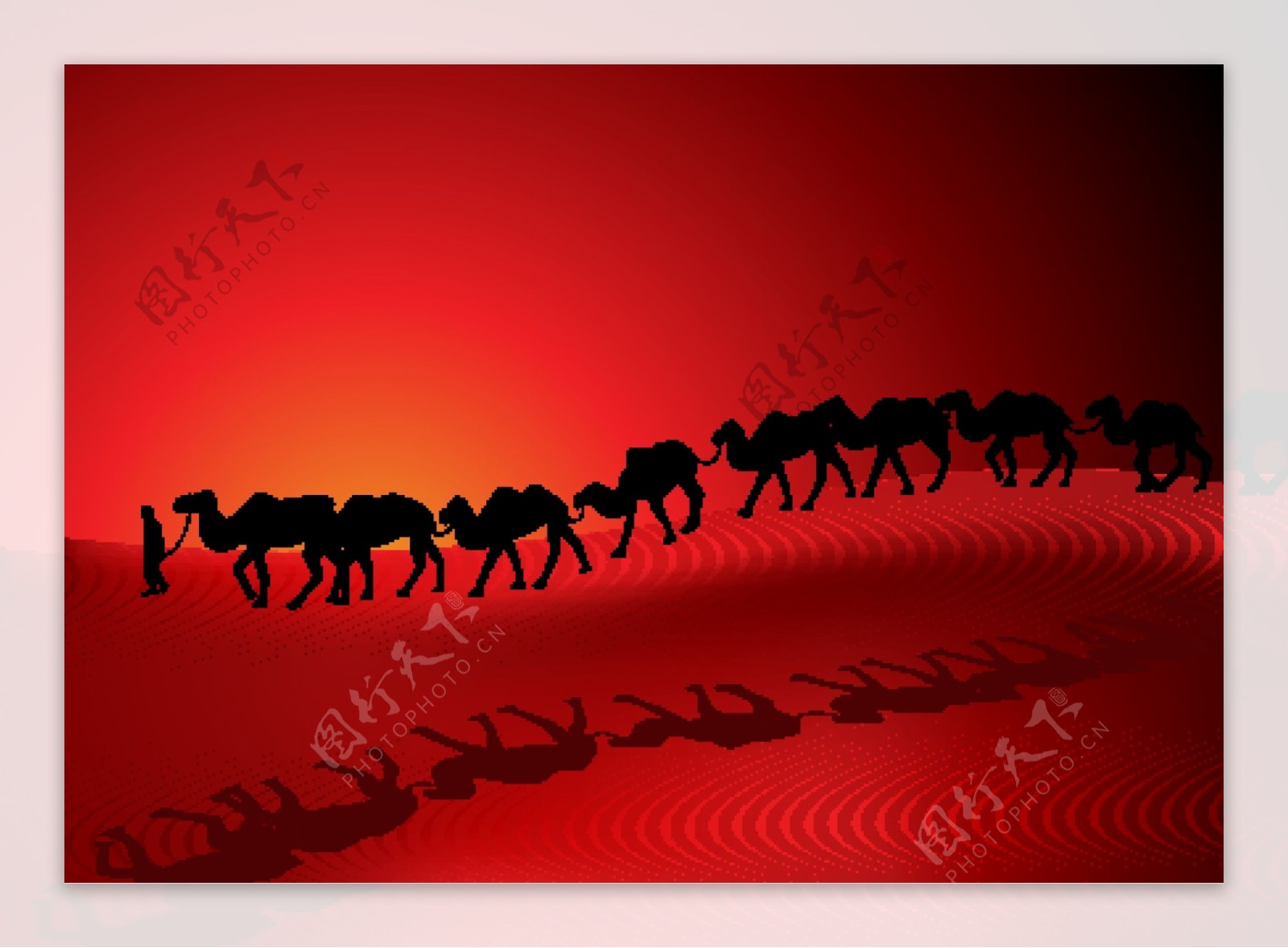 骆驼沙漠剪影风景矢量图