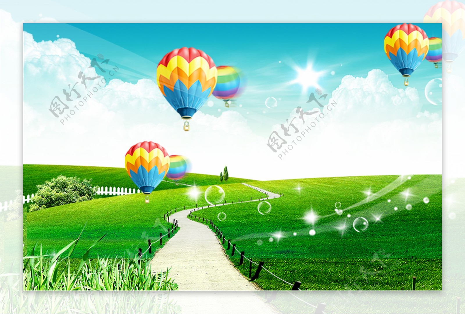 彩色热气球晴朗草地梦幻