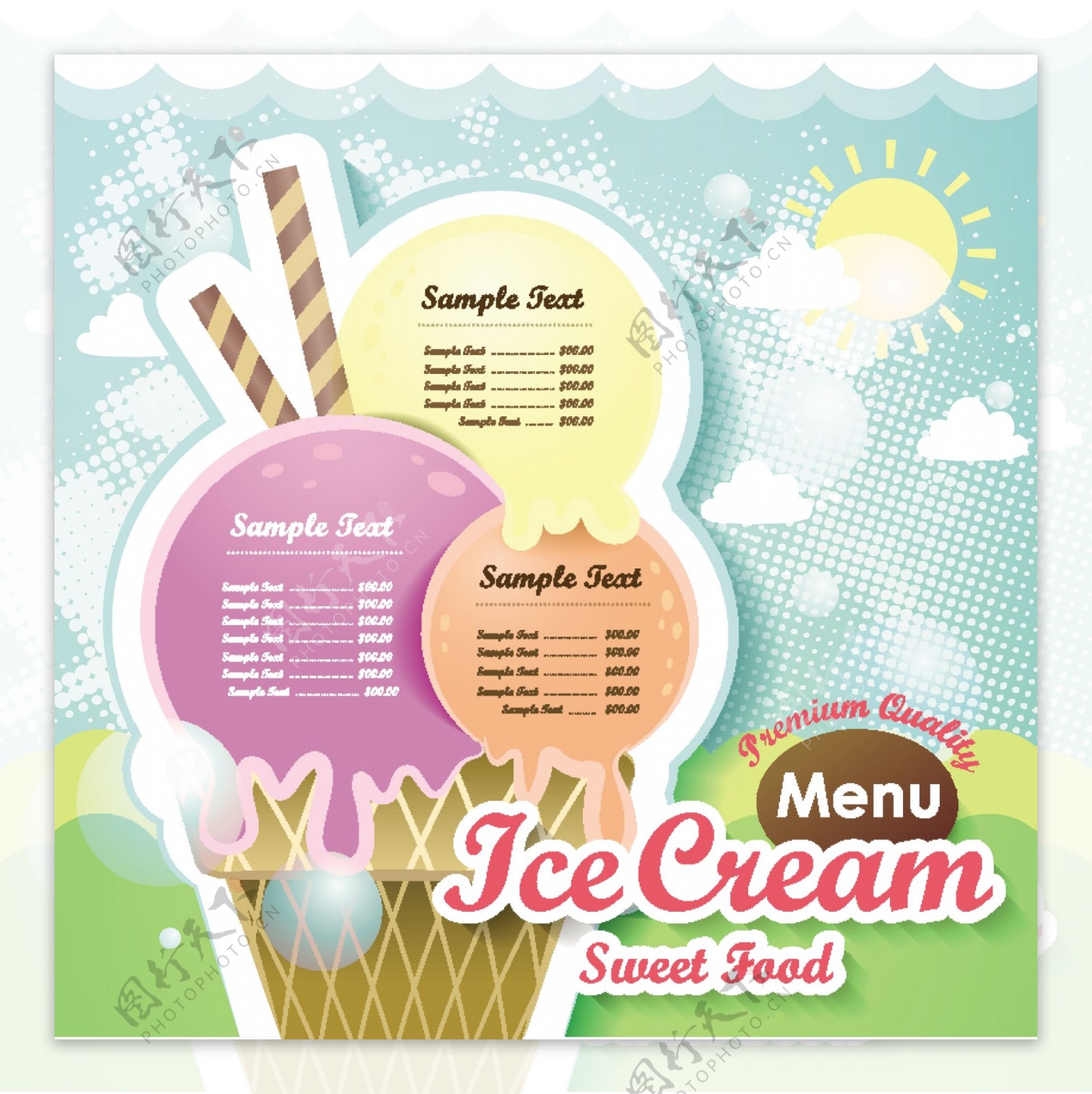 冰淇淋甜的食物菜单设计矢量