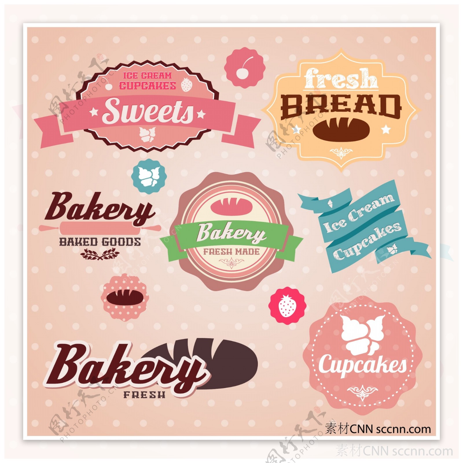 美味面包甜品标签矢量