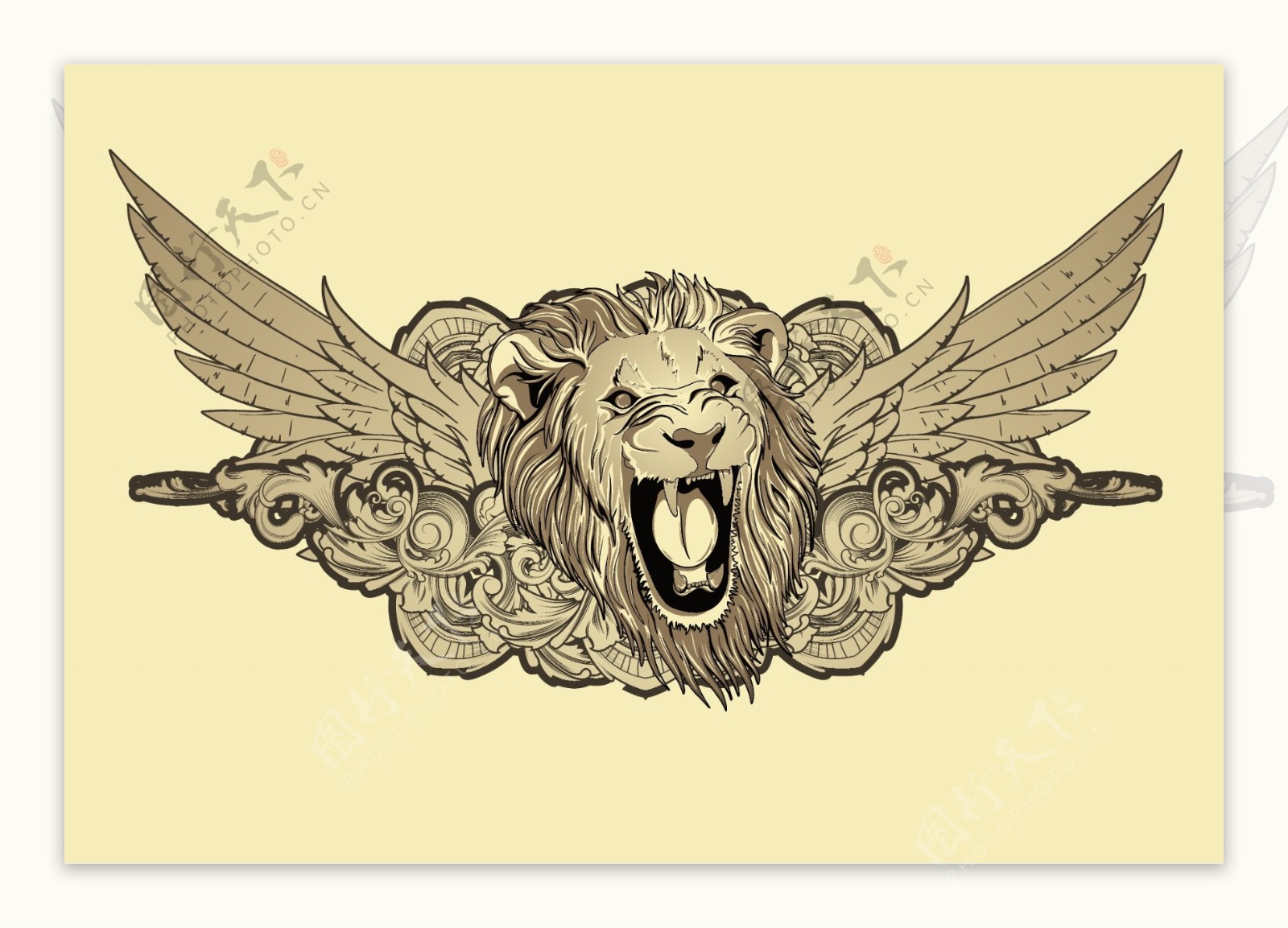 与花和翅膀矢量插画的狮子