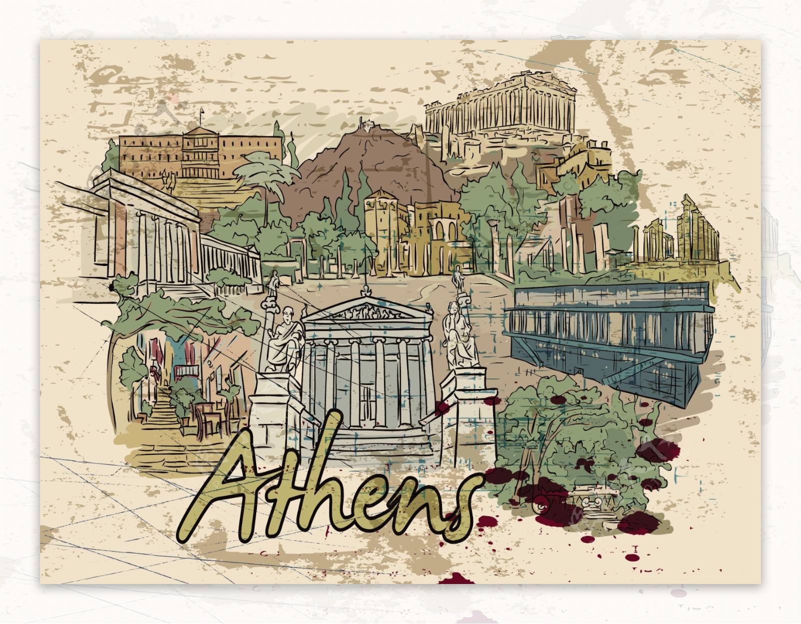 雅典的涂鸦和垃圾矢量插图