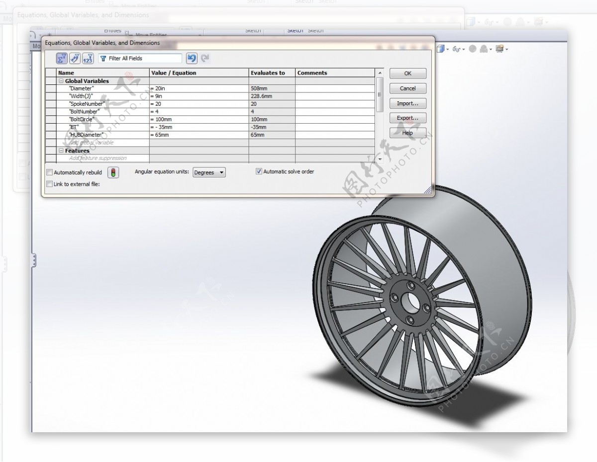 如何建立一个驱动在SolidWorks2013和显示的设计意图车辋可变尺寸