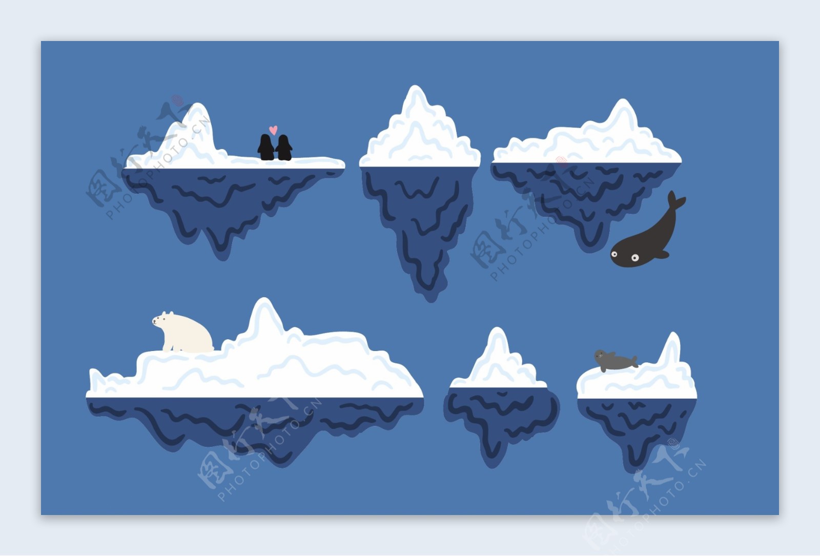 6款卡通冰川和北极熊企鹅设计矢量素材
