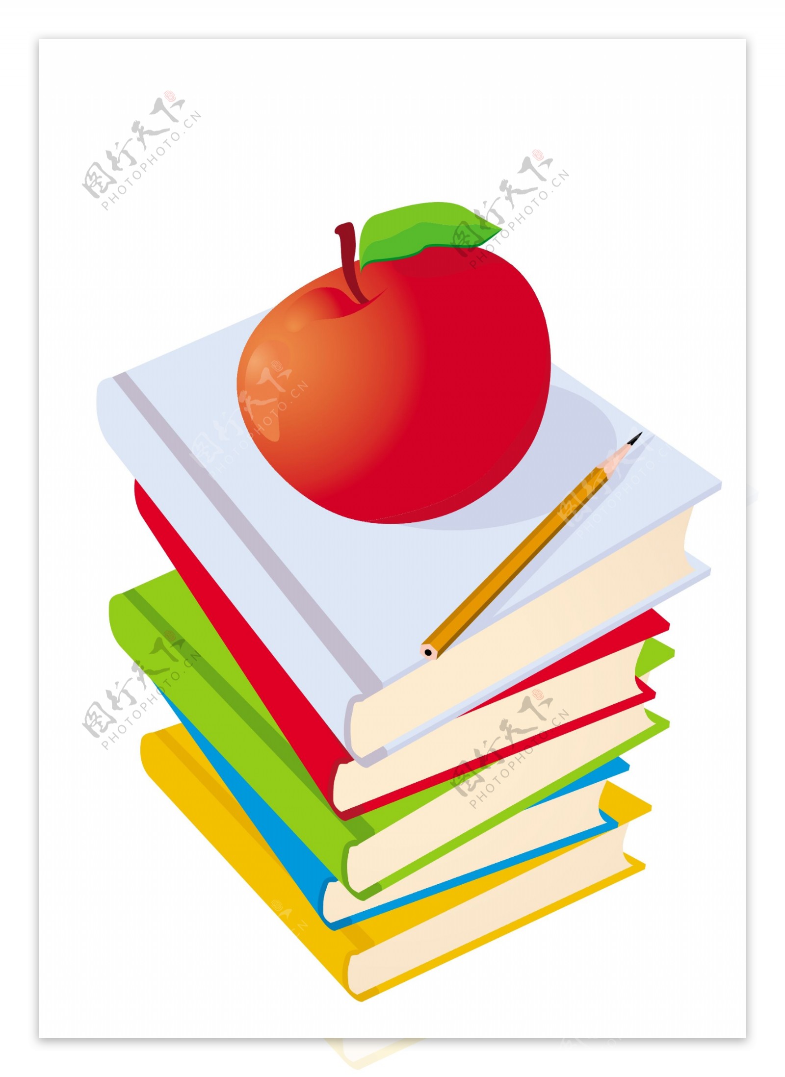 矢量插图的书和铅笔孤立在白色苹果