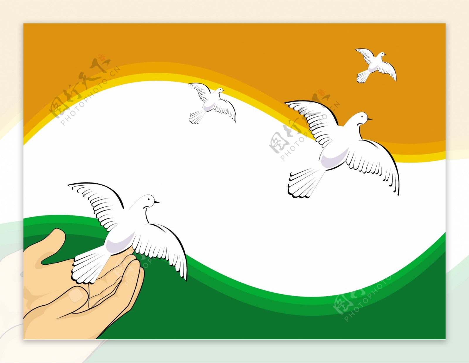 矢量插画飞翔的鸽子在印度国旗颜色的背景
