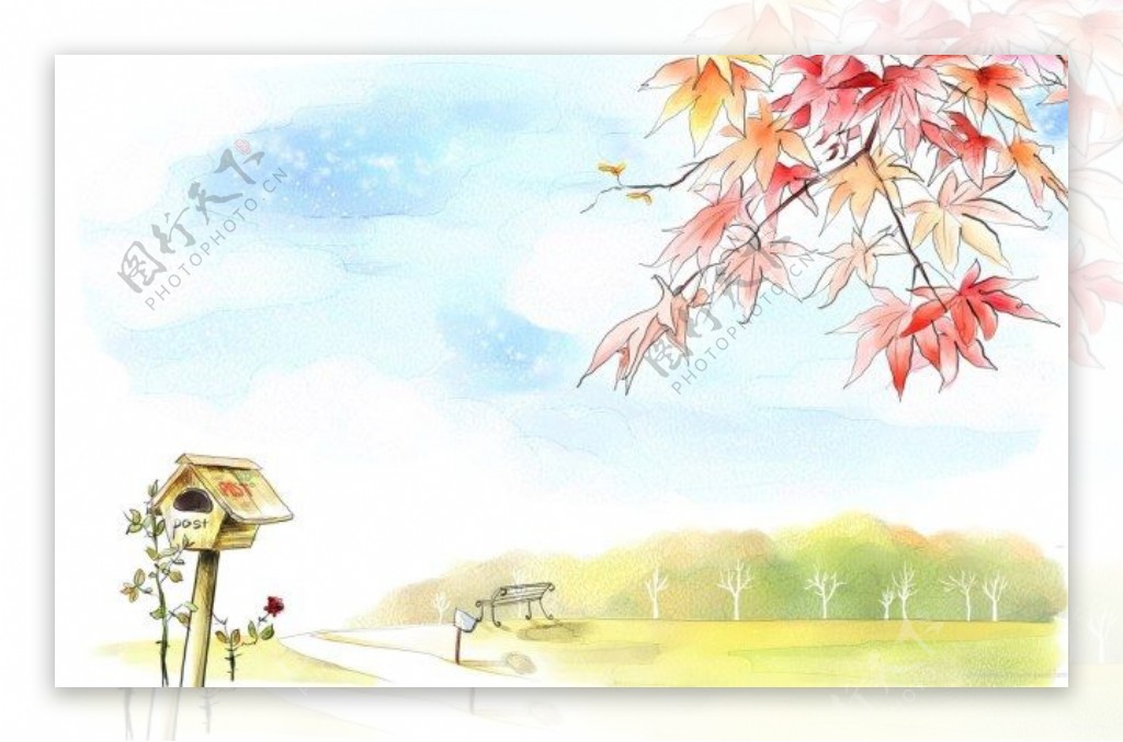 韩风手绘水彩插画街景公园枫叶