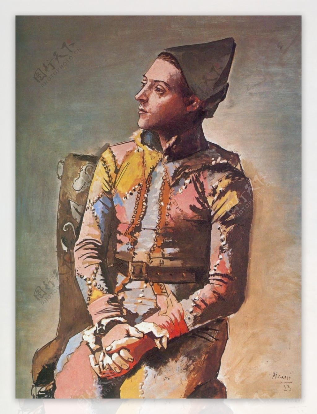 1923ArlequinassisLepeintreJacintoSalvado1西班牙画家巴勃罗毕加索抽象油画人物人体油画装饰画