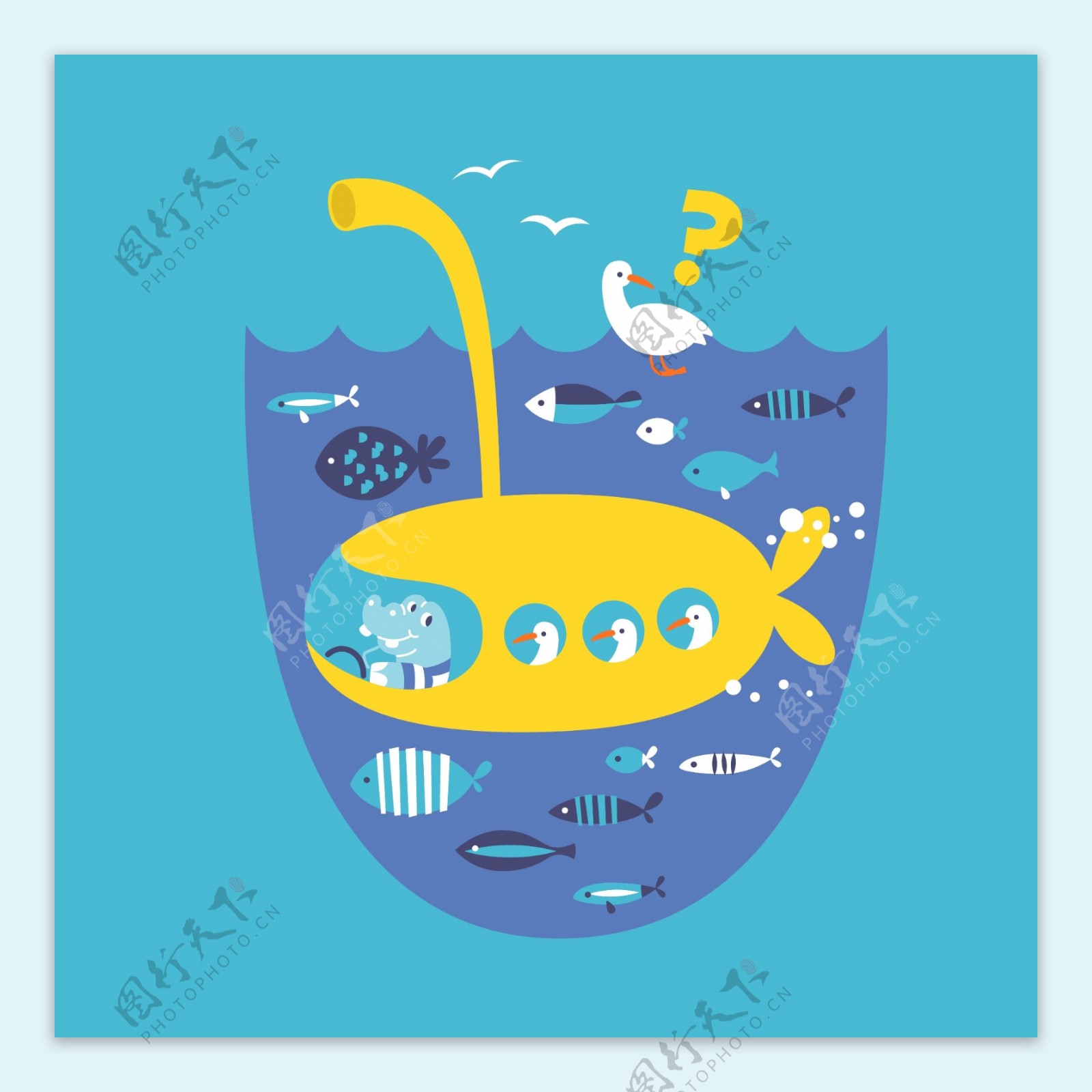 印花矢量图卡通动物鱼潜水艇免费素材