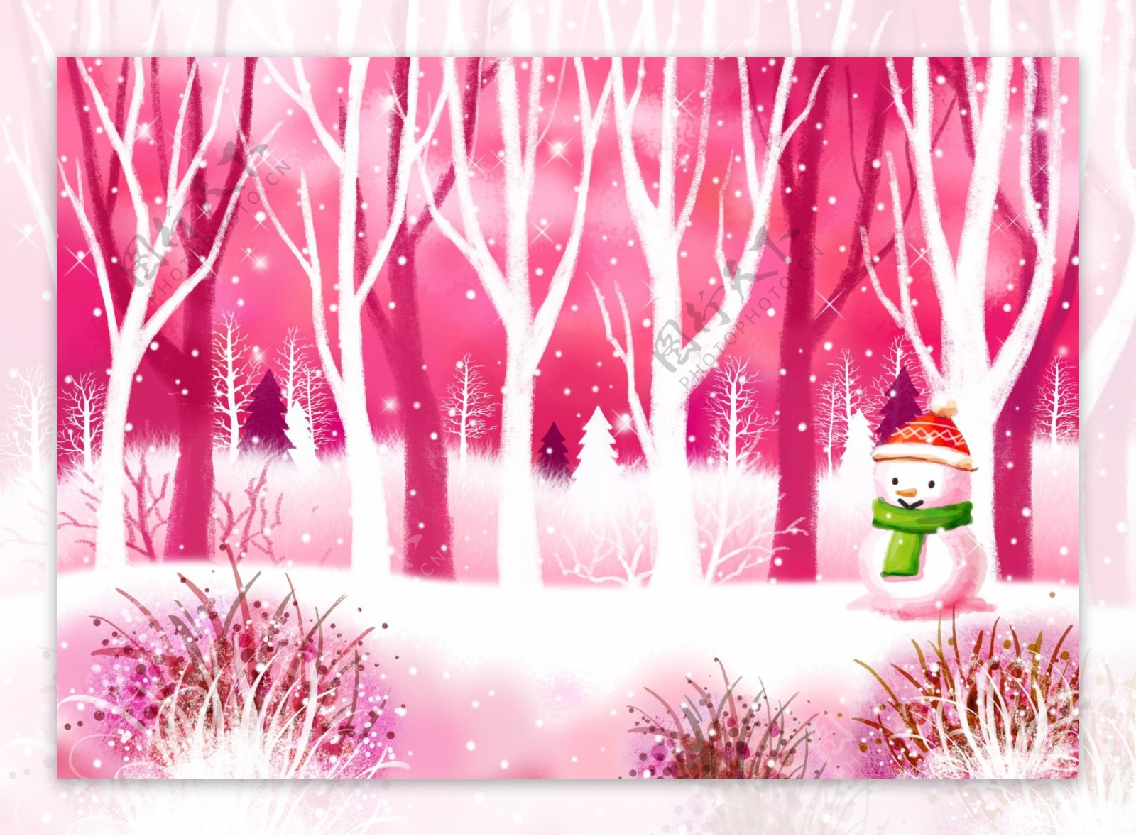 粉色树林边的雪人