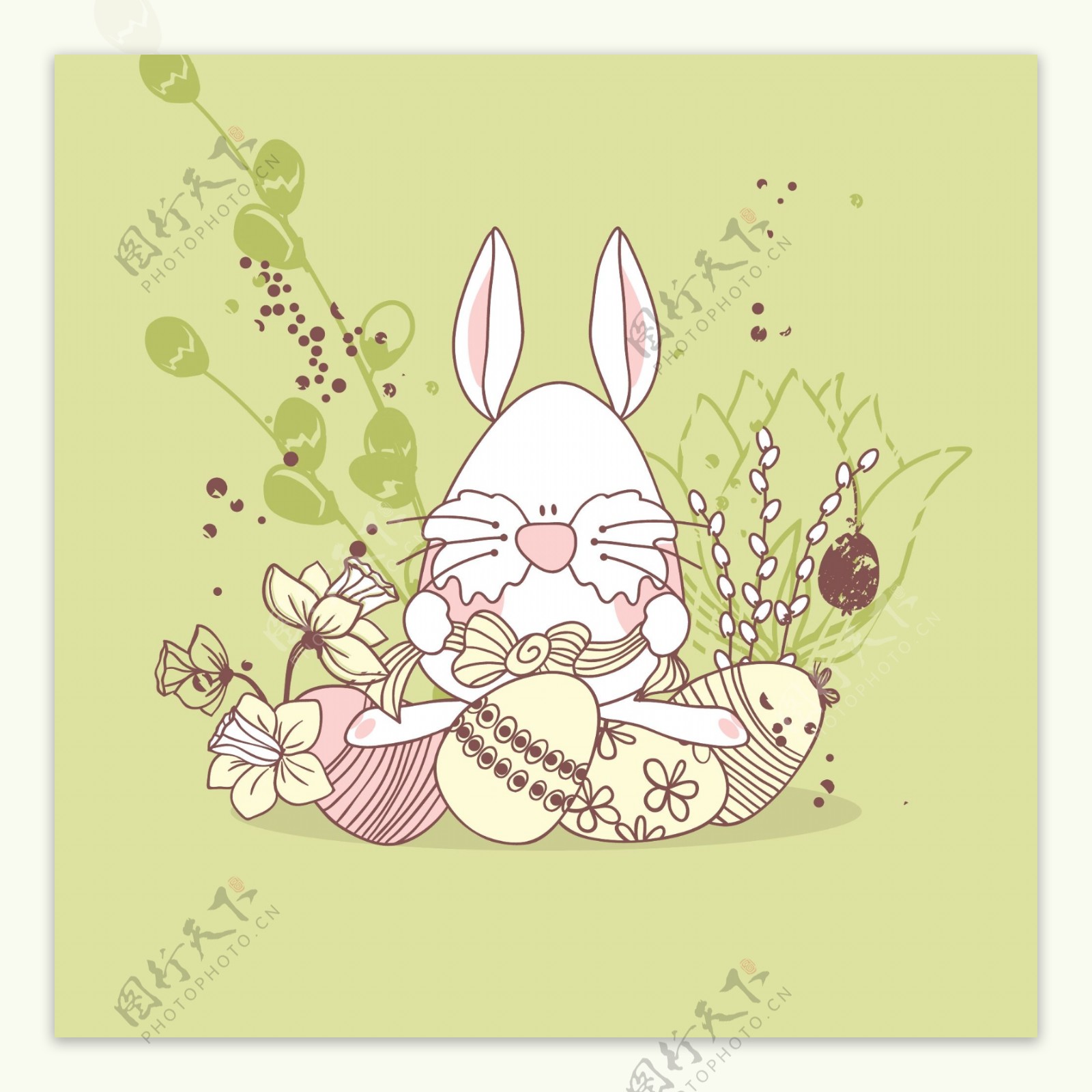 插画花朵前的兔子和蛋