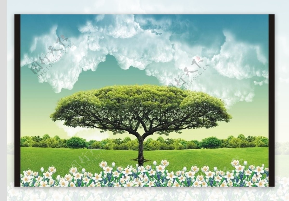 绿色白云大树花朵图片