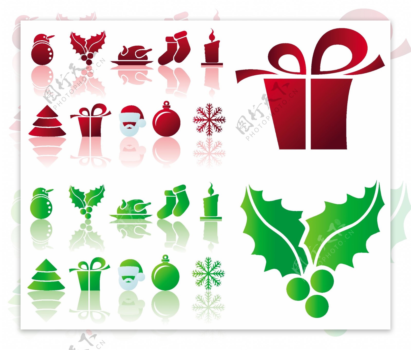 矢量圣诞节图标雪人火鸡圣诞装饰袜子蜡烛圣诞树礼物圣诞老人雪花装饰球红色绿色