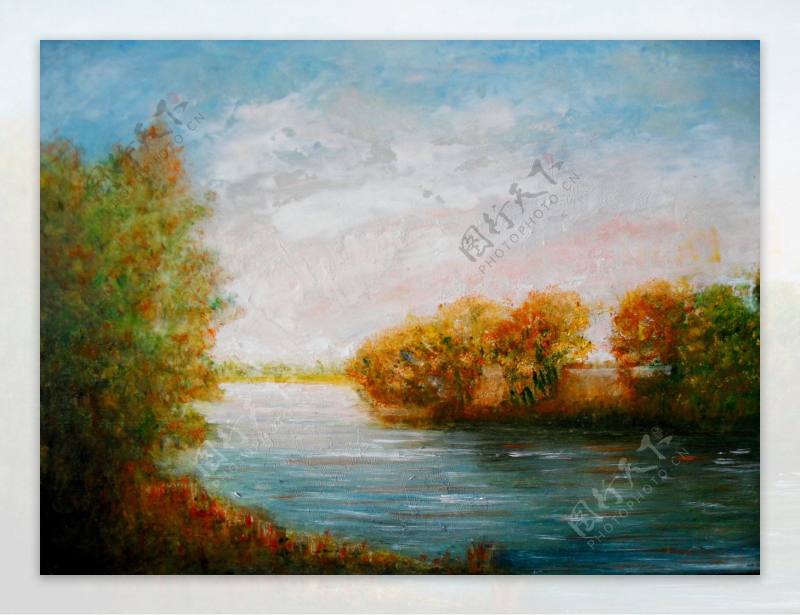油画平静的河流图片