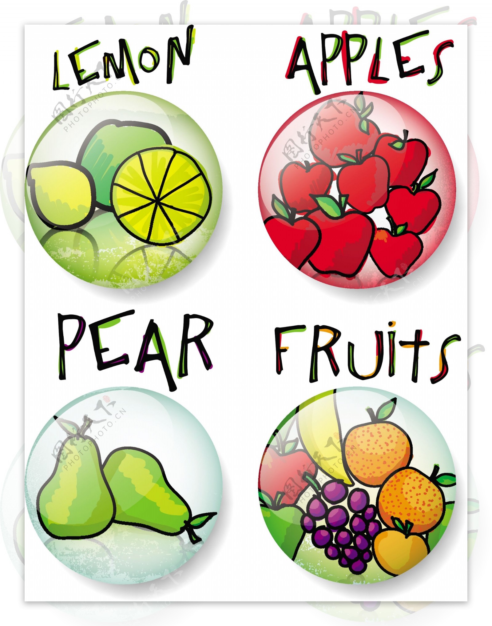 不同的水果的草图圆向量按钮