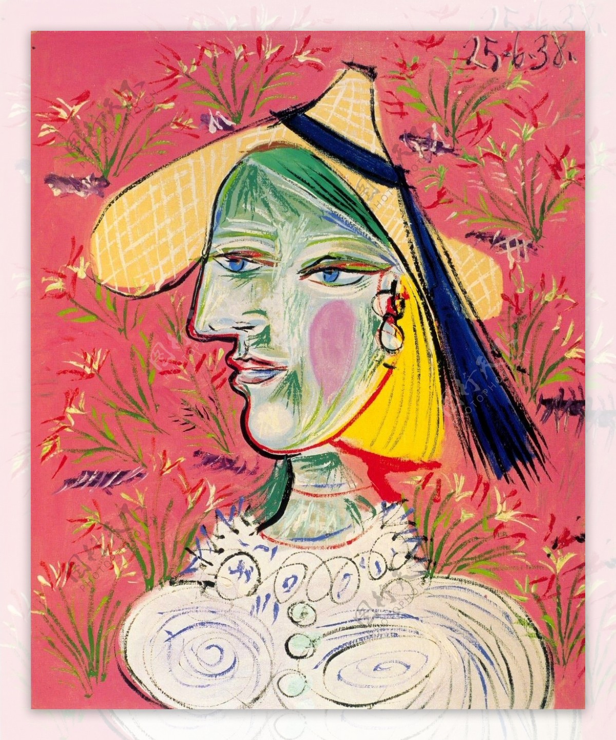 1938Femmeauchapeaudepaillesurfondfleuri西班牙画家巴勃罗毕加索抽象油画人物人体油画装饰画