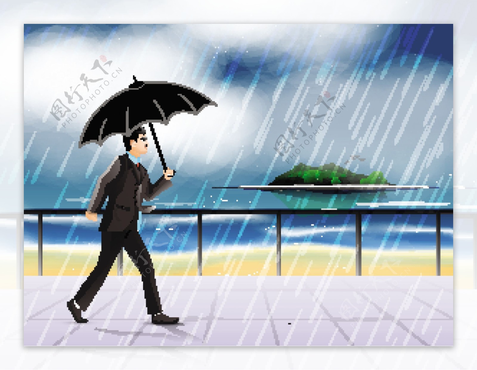 一个人在雨中走着，撑着伞。秋天天气不好，预报有雨天插画图片素材_ID:409783002-Veer图库